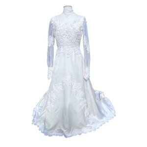 Vtg 70's Victorian Prarie Ivory Custom Bridal Dress Gown Train + Juliet Cap Veil